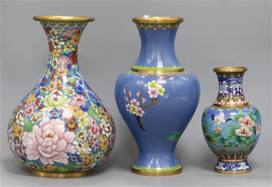 Three cloisonne vases Tallest 30cm